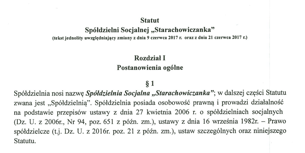 Część pierwszej strony statutu Spółdzielni